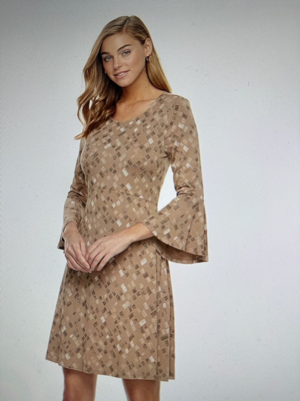 NWT Boho Bell 3/4 Sleeve Fit & Flare Tan Geometric Pattern Preppy Autum Dress XL